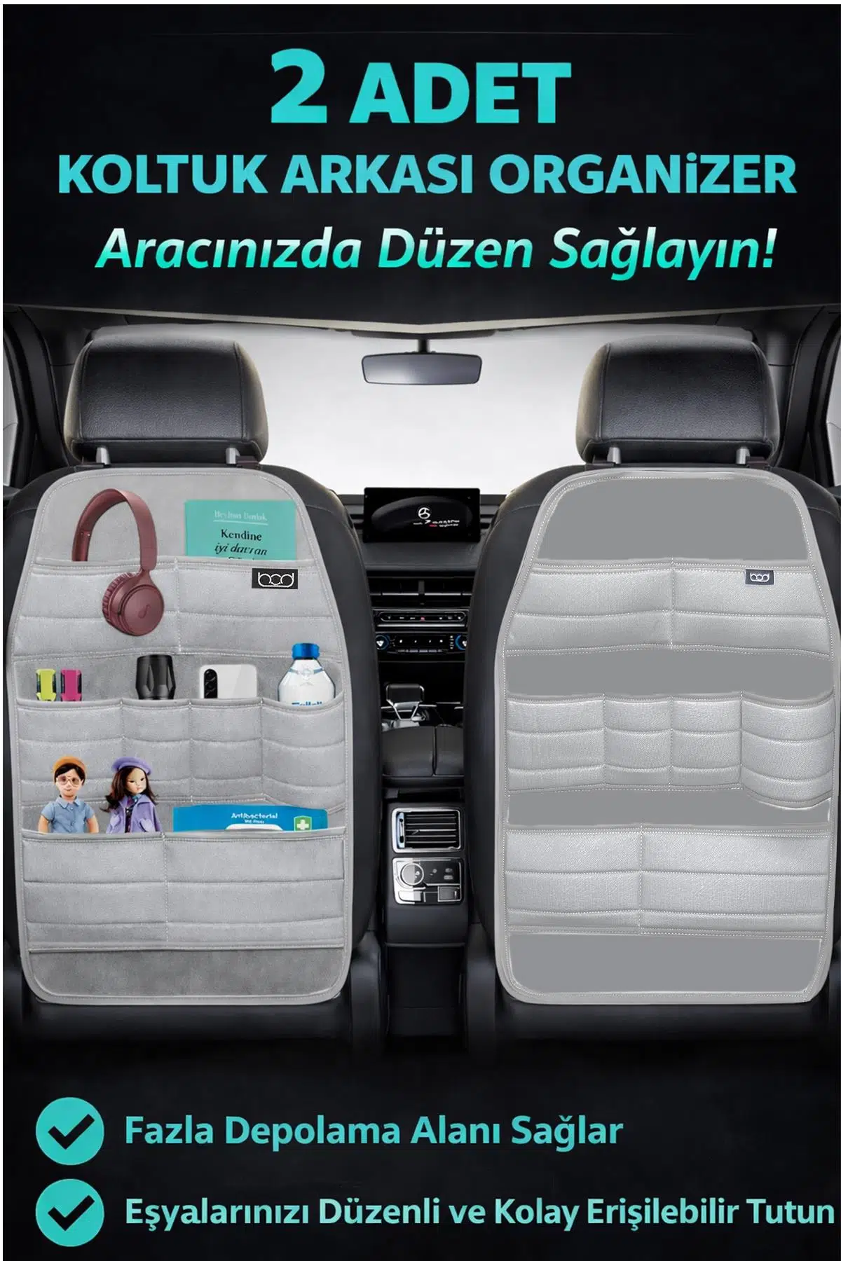 Bod Ecolux Serisi Araba Oto Koltuk Arkası Eşya Düzenleyici Araç içi Organizer 2'li Set - Gri