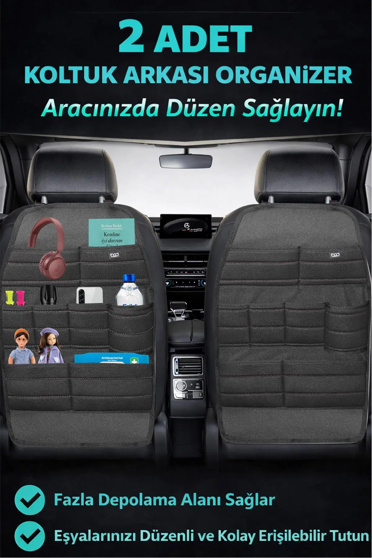 Bod Ecolux Serisi Araba Oto Koltuk Arkası Eşya Düzenleyici Araç içi Organizer 2'li Set - Siyah